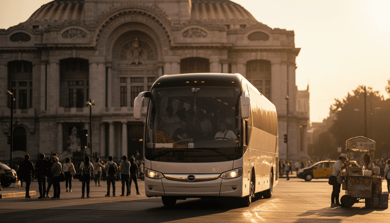 Modern tour bus with passengers enjoying Mexico City's historic landmarks during golden hour