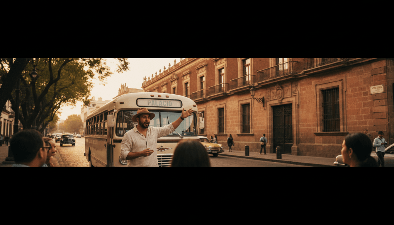 Tour guide standing beside bus in Mexico City, gesturing toward historic landmark