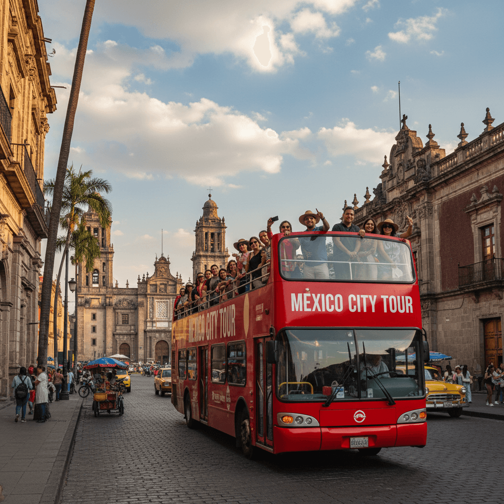 Guided tour group on bus in Mexico City