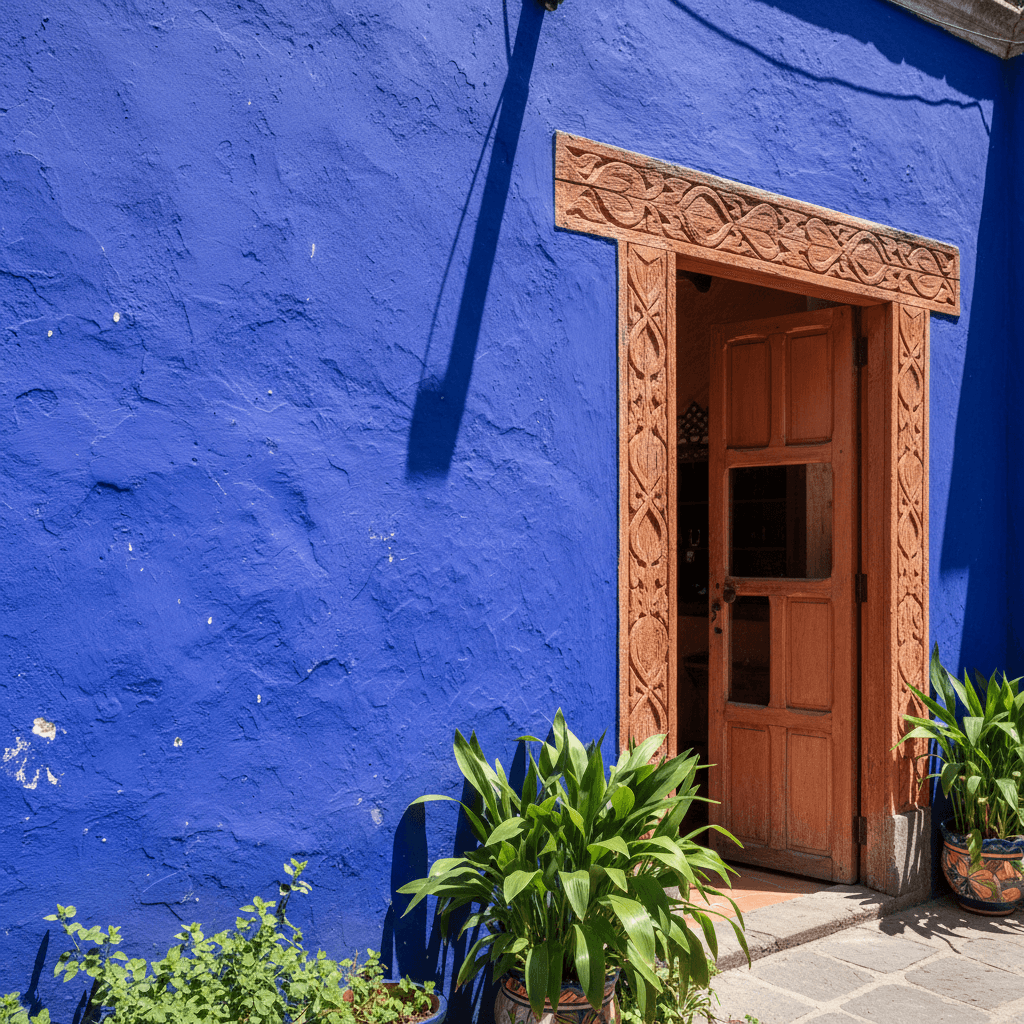 Casa Azul's striking cobalt-blue exterior and colonial wooden door entrance