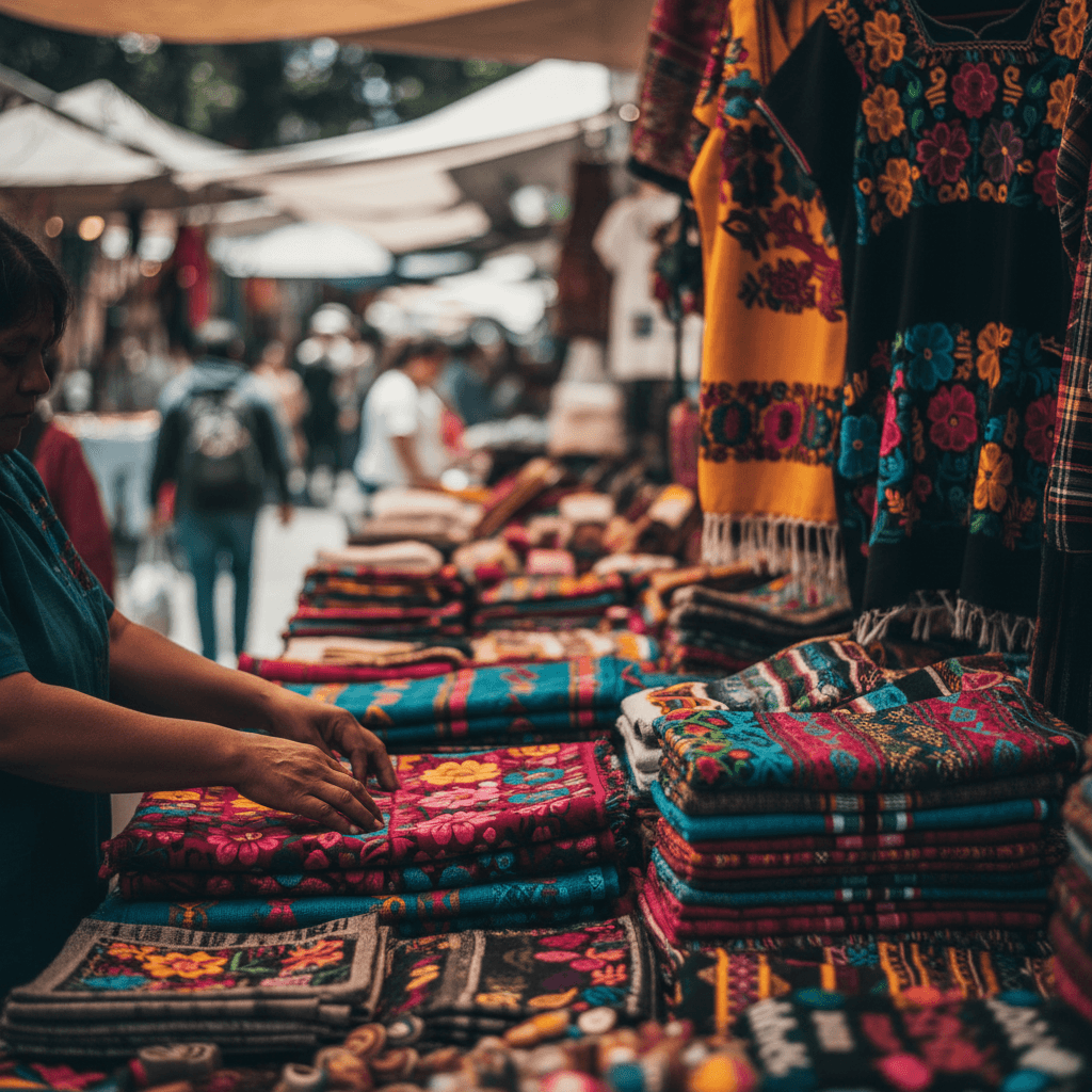 Traditional Mexican crafts and textiles at a local Mexico City market