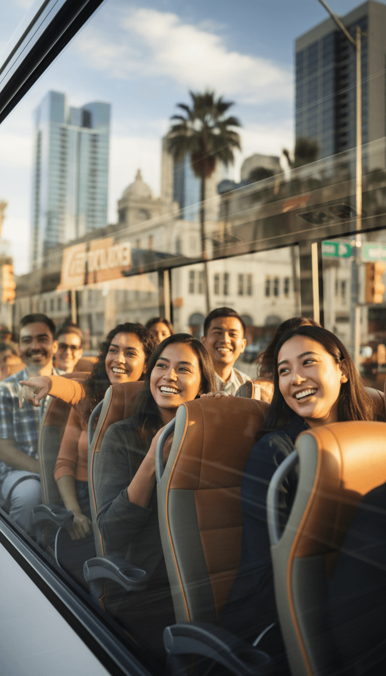 Tourists enjoying a guided bus tour of Mexico City