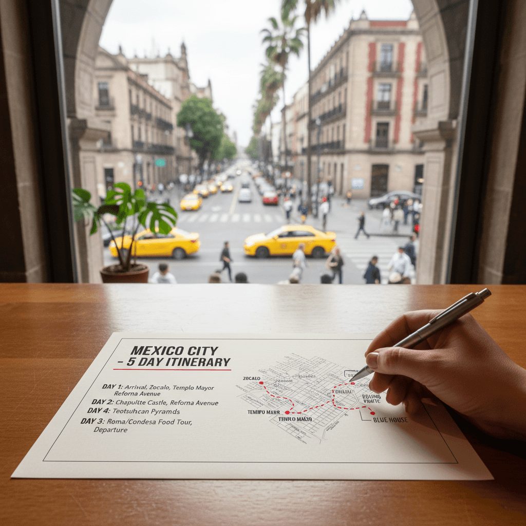 A clean, editorial-style overhead shot of a detailed tour itinerary printed on quality paper, with a map of Mexico City landmarks highlighted and annotated.