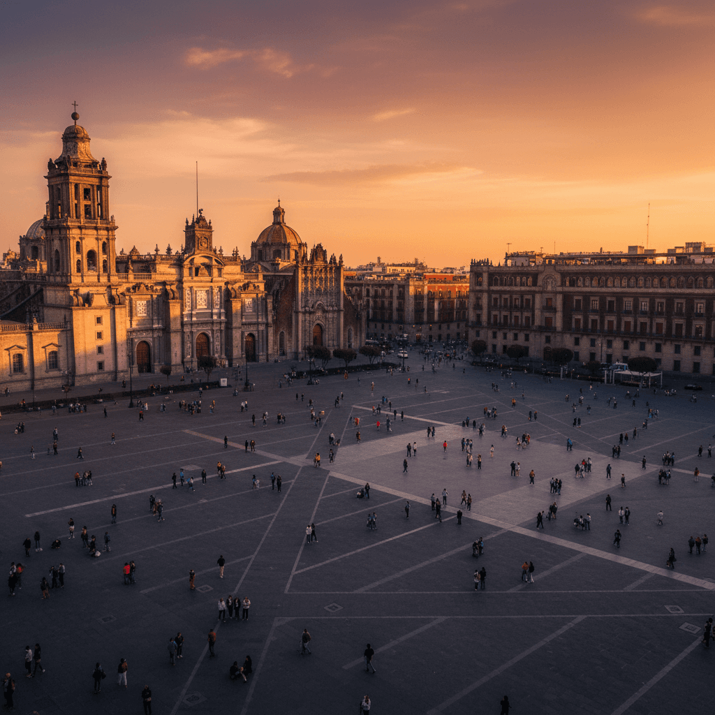 Mexico City Zócalo plaza with Metropolitan Cathedral and National Palace