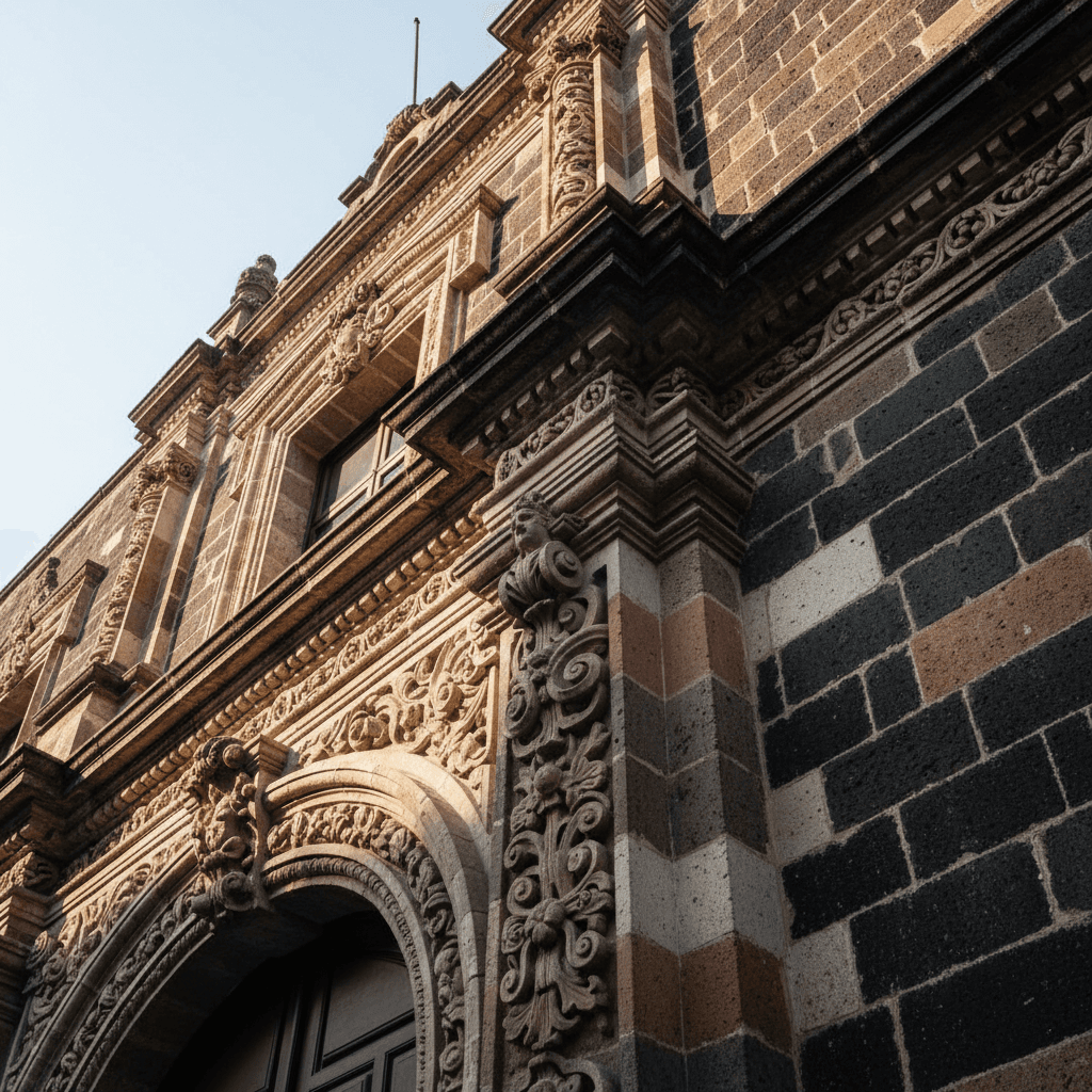 Detailed colonial architecture and stonework on a historic Mexico City building