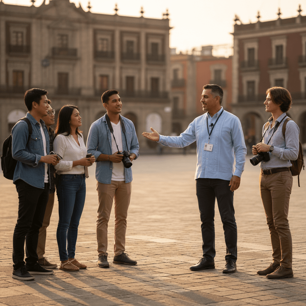 Expert local guide explaining Mexico City history to tour group