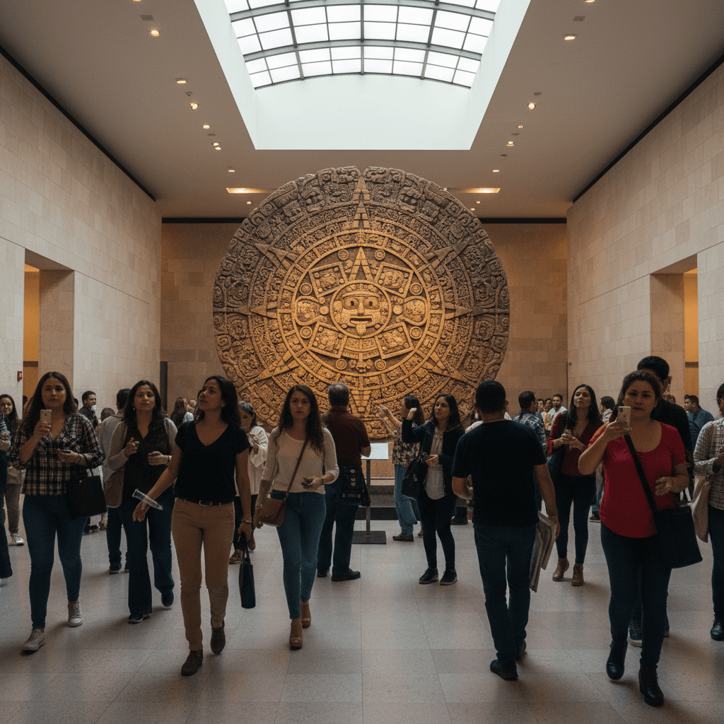 Visitors exploring ancient Aztec artifacts at the National Museum of Anthropology