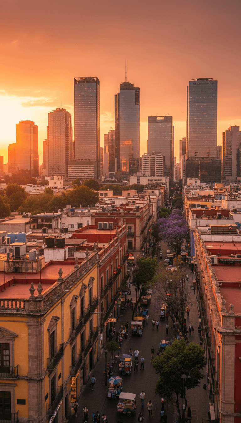 Mexico City rooftop view of diverse neighborhoods with colonial and modern architecture at golden hour