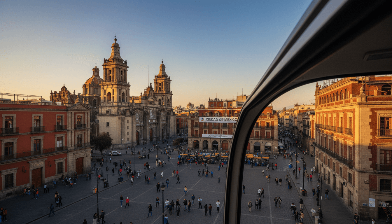 Mexico City's historic cathedral and colonial architecture viewed from a tour bus