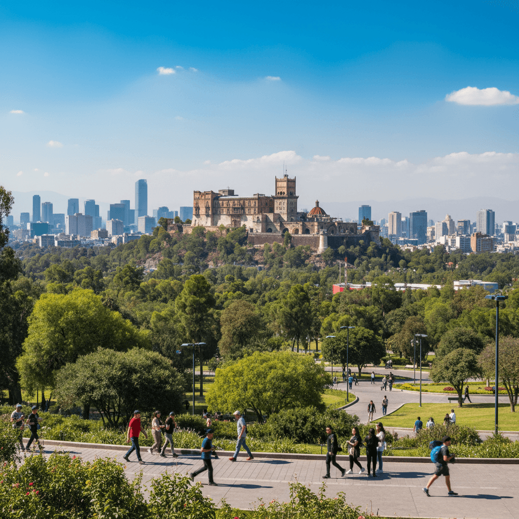 Chapultepec Castle overlooking Mexico City's skyline and forest