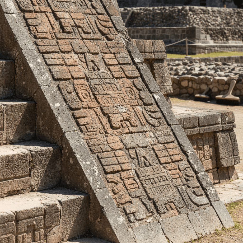 Templo Mayor's ancient carved Aztec stone steps and ceremonial architecture