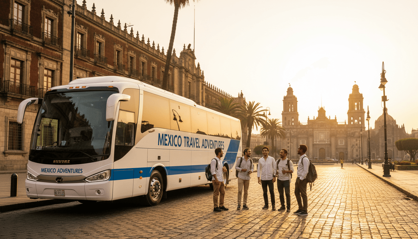Infinity Tours bus ready for departure on a Mexico City street with historic landmarks in the distance